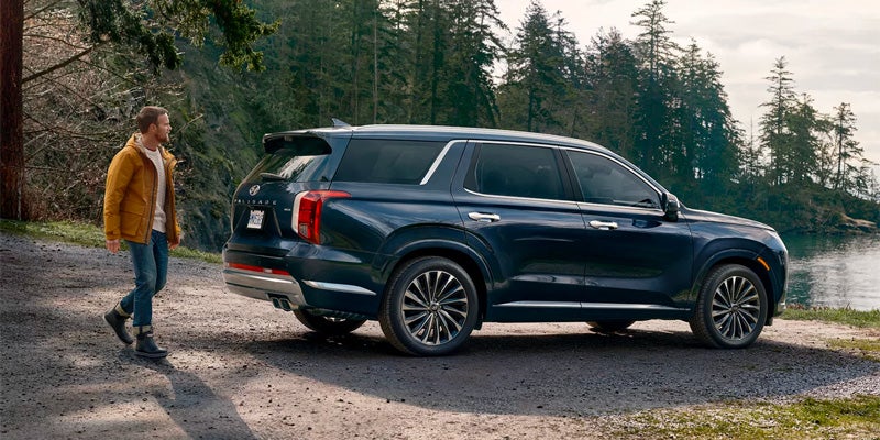 Side profile of a blue Hyundai Palisade parked in a wooded area.