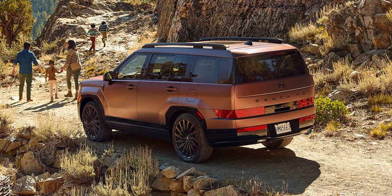 Rear three-quarter view of a bronze Hyundai Santa Fe outdoors.