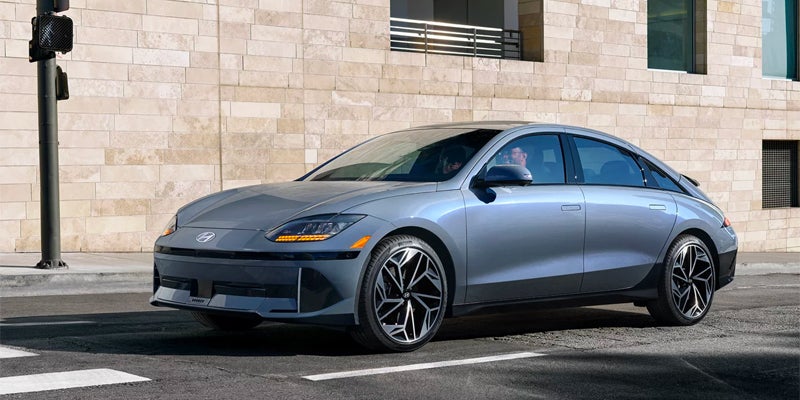 Three-quarter front view of a gray Hyundai IONIQ 6.