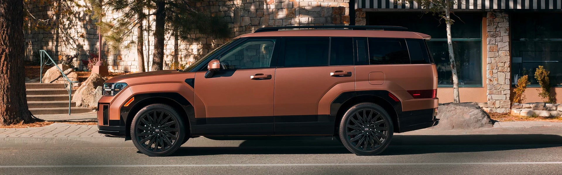 Side profile of a bronze 2024 Hyundai Santa Fe parked curbside
